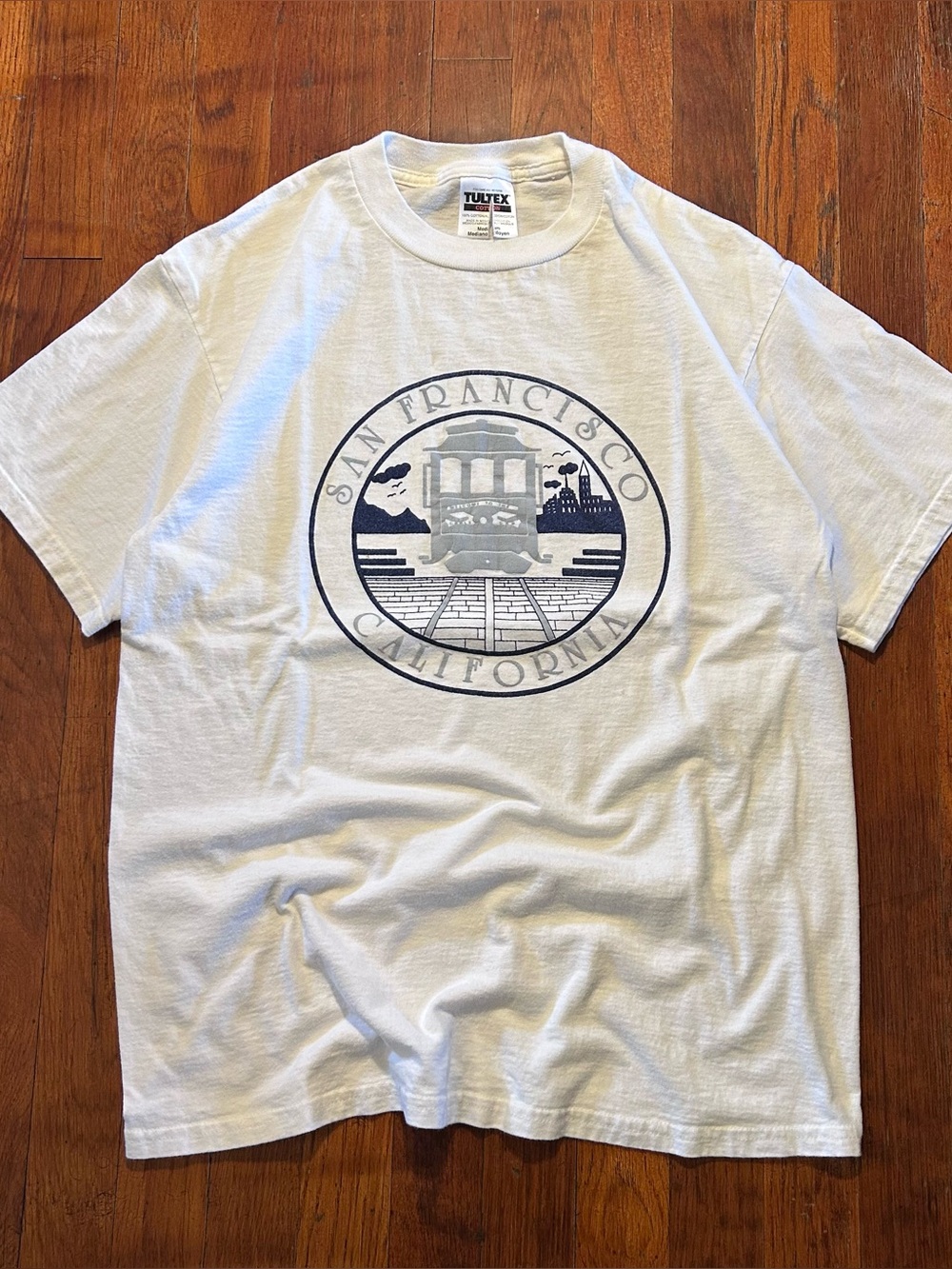 Vintage San Francisco Trolley Car Destination Puffy Print White T-shirt M